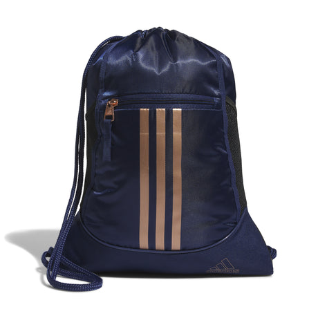 Navy Adidas drawstring bag with bronze stripes on a white background.  Can be purchased at www.sneakersplus.ca