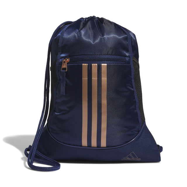 Navy Adidas drawstring bag with bronze stripes on a white background.  Can be purchased at www.sneakersplus.ca