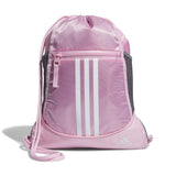 Pink drawstring bag with Adidas logo and stripes on a white background.  Can be purchased at www.sneakersplus.ca