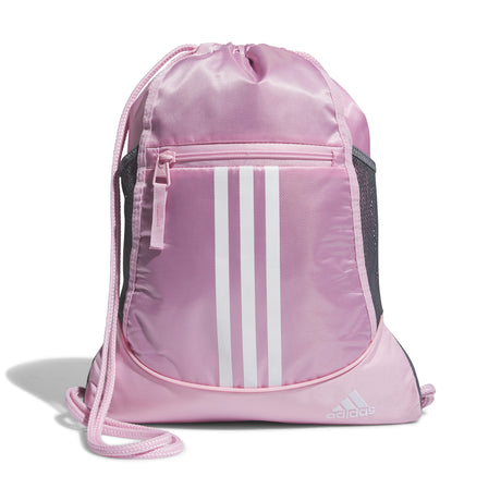 Pink drawstring bag with Adidas logo and stripes on a white background.  Can be purchased at www.sneakersplus.ca