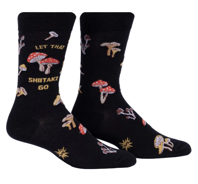 Black socks with mushroom design and text on a white background