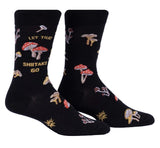 Black socks with mushroom design and text on a white background