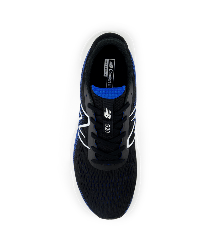 Black running shoe with blue sole on a white background