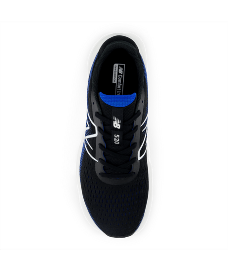 Black running shoe with blue sole on a white background