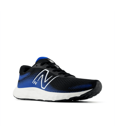 Black and blue running shoe with New Balance logo on a white background