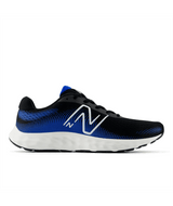Black and blue New Balance running shoe with white sole on a white background.  Can be purchased at www.sneakersplus.ca