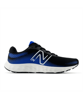 Black and blue New Balance running shoe with white sole on a white background.  Can be purchased at www.sneakersplus.ca