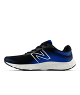 Black and blue running shoe with New Balance logo on a white background