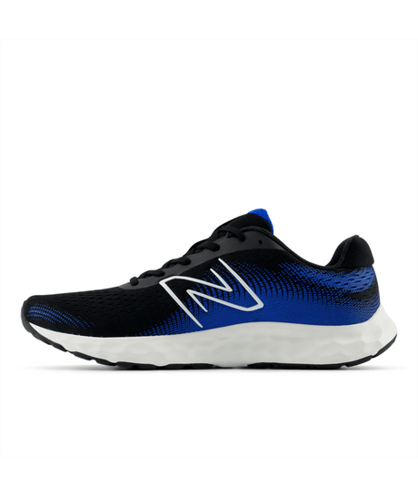 Black and blue running shoe with New Balance logo on a white background