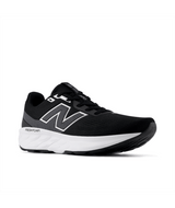 Black running shoe with white sole on a white background