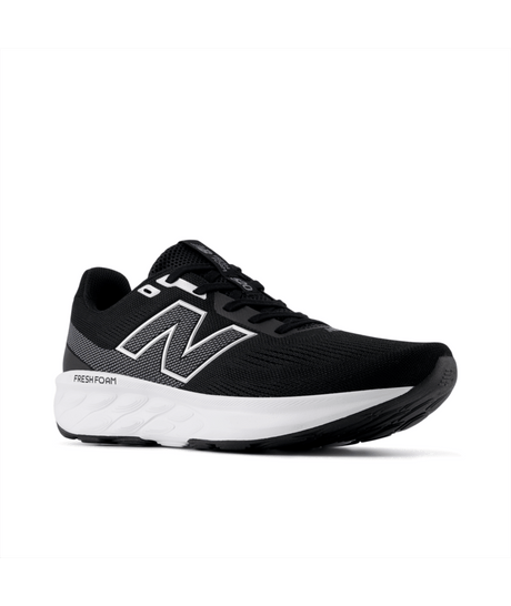 Black running shoe with white sole on a white background