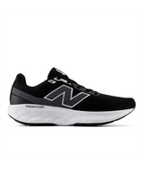 Black New Balance running shoe with white sole on a white background.  Can be purchased at www.sneakersplus.ca