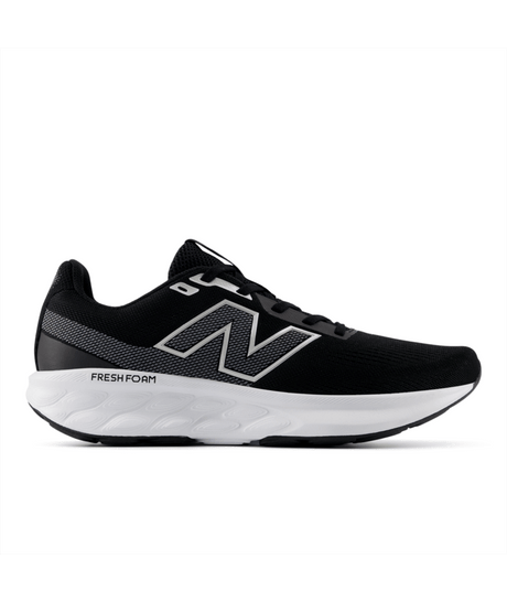 Black New Balance running shoe with white sole on a white background.  Can be purchased at www.sneakersplus.ca