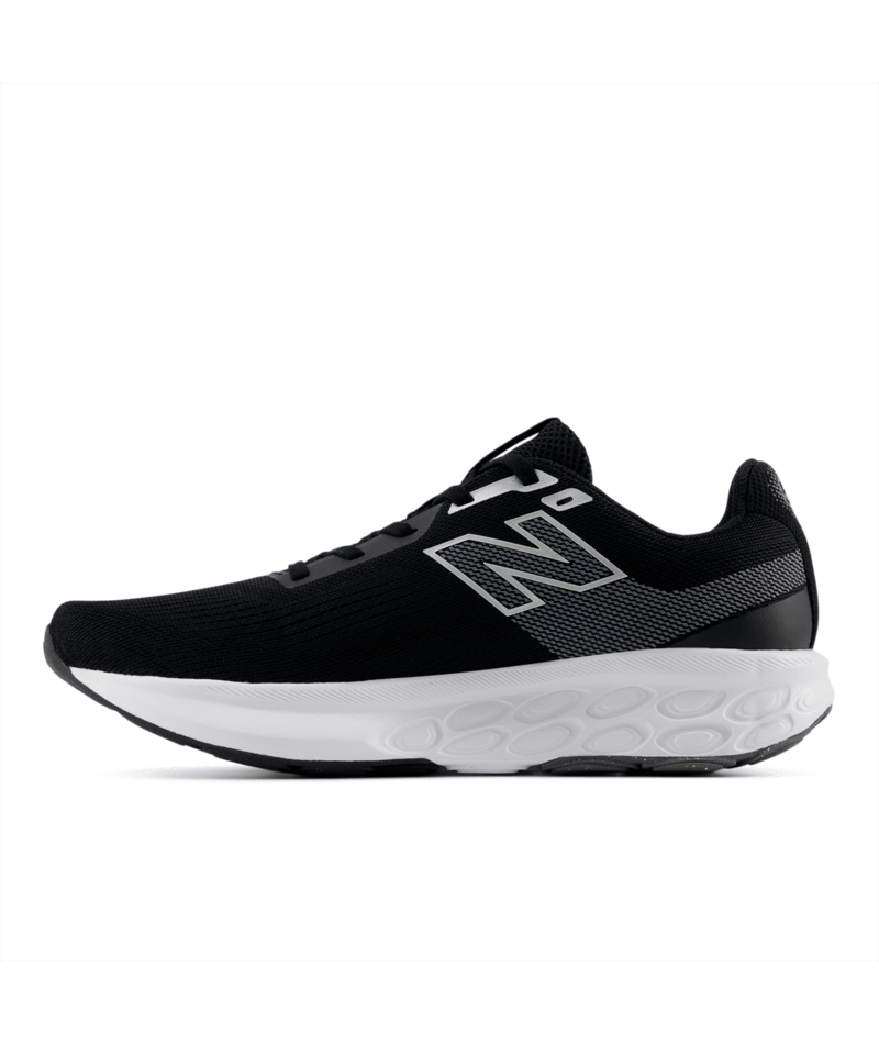 Black New Balance running shoe with white sole on a white background
