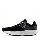 Black New Balance running shoe with white sole on a white background