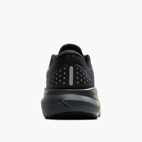 Black running shoe with sole design on a white background