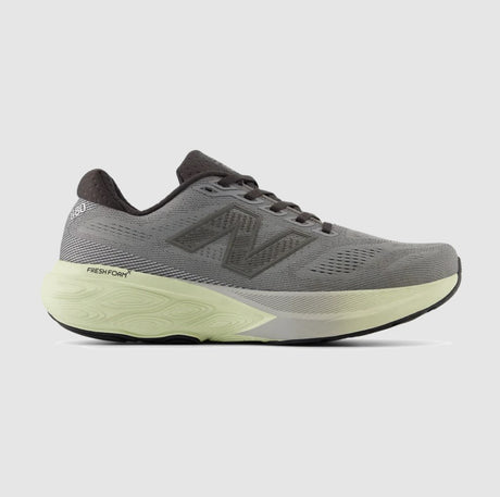 Gray New Balance 880 mens running shoe with a green sole on a light gray background.  Can be purchased at www.sneakersplus.ca  