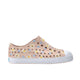 Beige sneaker with floral patterns on a light gray background