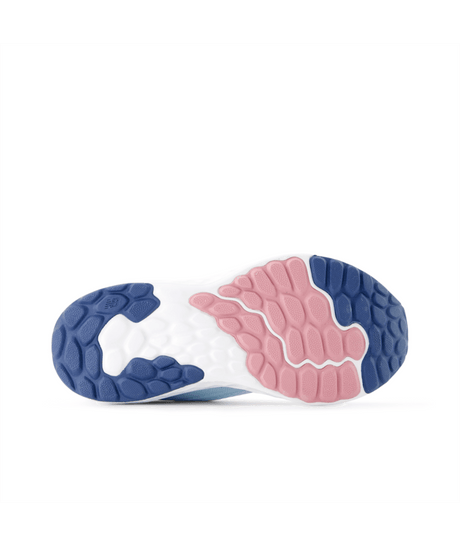 Close-up of a shoe sole with blue, white, and pink colors on a white background