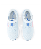 Pair of light blue running shoes with pink accents on a white background