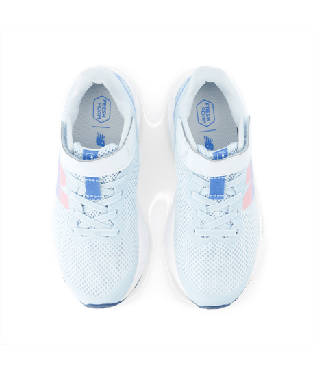 Pair of light blue running shoes with pink accents on a white background