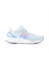White running shoe with colorful 'N' logo on a white background.  New Balance kids running shoe.  Can be purchased at www.sneakersplus.ca