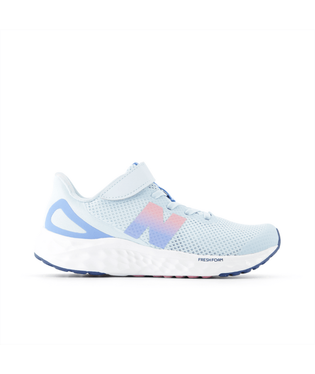 White running shoe with colorful 'N' logo on a white background.  New Balance kids running shoe.  Can be purchased at www.sneakersplus.ca