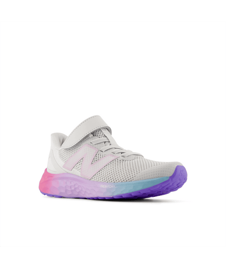 Light Grey New Balance athletic shoe with pink and purple sole on a white background.  Can be purchased at www.sneakersplus.ca