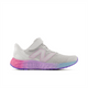 Light Grey athletic shoe with pink and purple sole on a white background