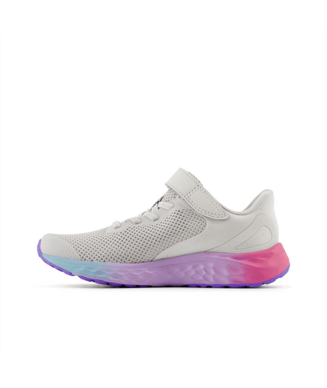 Light Grey athletic shoe with pink and purple sole on a white background