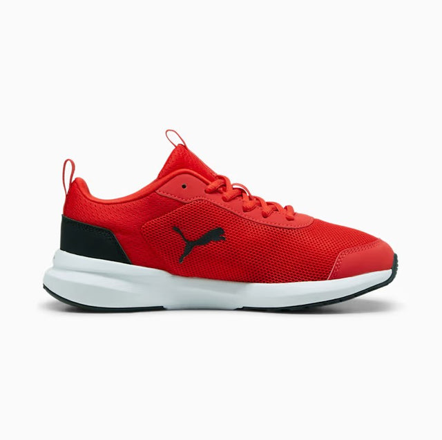 Red Puma running shoe with black accents on a white background.  Can be purchased at www.sneakersplus.ca