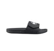 Black sandals with a quiksilver logo on top on a white background