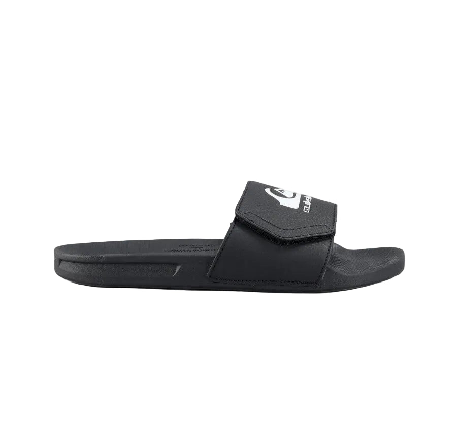 Black sandals with a quiksilver logo on top on a white background
