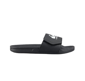 Black sandals with a quiksilver logo on top on a white background