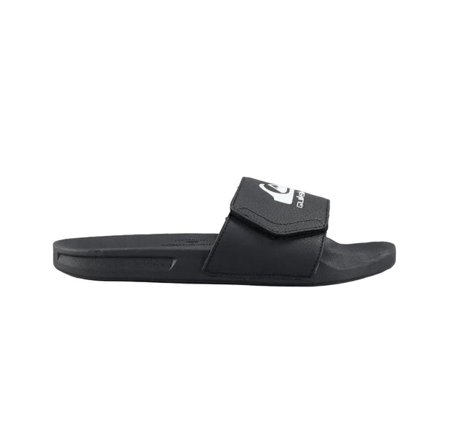 Black sandals with a quiksilver logo on top on a white background