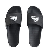 Black slides with a brand logo on a gray background