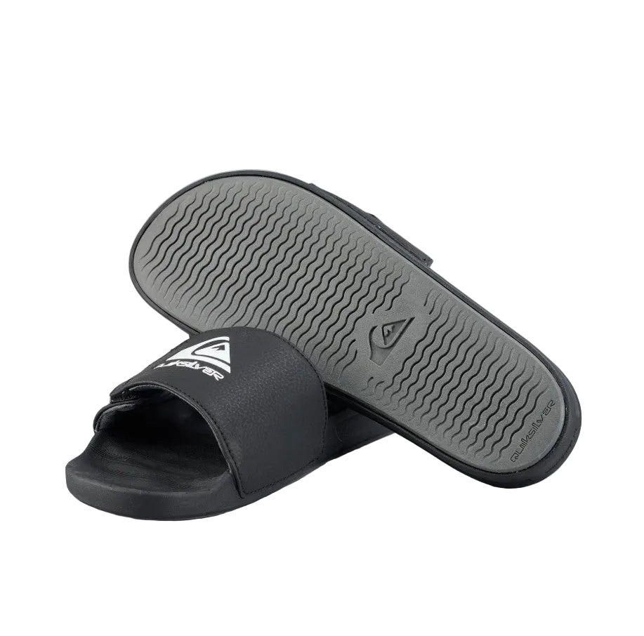 Black slides with gray soles on a light gray background