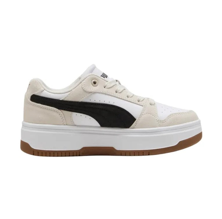 Beige and white Puma sneaker with a black accent on a white background.  Can be purchased at www.sneakersplus.ca