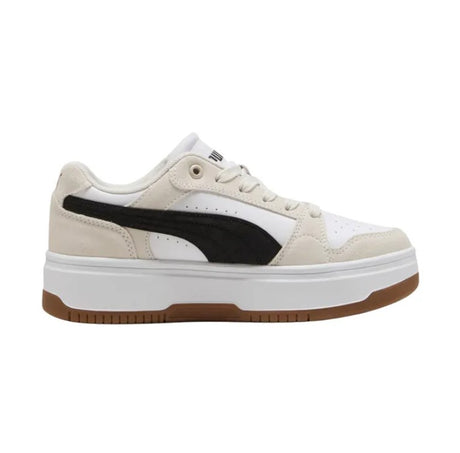 Beige and white Puma sneaker with a black accent on a white background.  Can be purchased at www.sneakersplus.ca