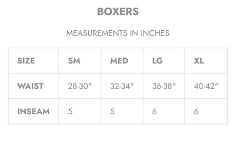Boxers size chart with measurements in inches