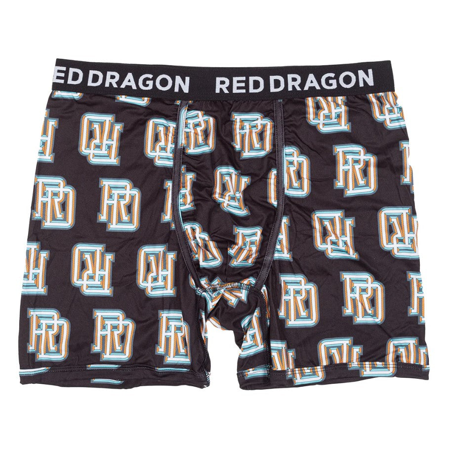 Black boxer briefs with an orange and blue pattern and 'Red Dragon' branding on a white background