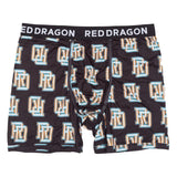 Black boxer briefs with an orange and blue pattern and 'Red Dragon' branding on a white background