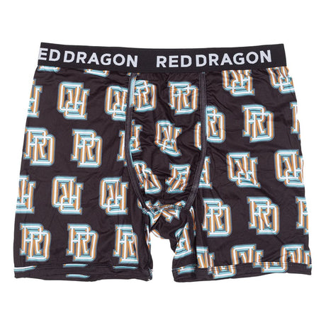 Black boxer briefs with an orange and blue pattern and 'Red Dragon' branding on a white background
