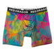Colorful tie-dye boxer briefs with 'Red Dragon' waistband on a white background