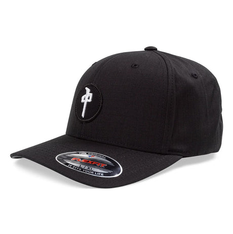 Black cap with a logo on a white background
