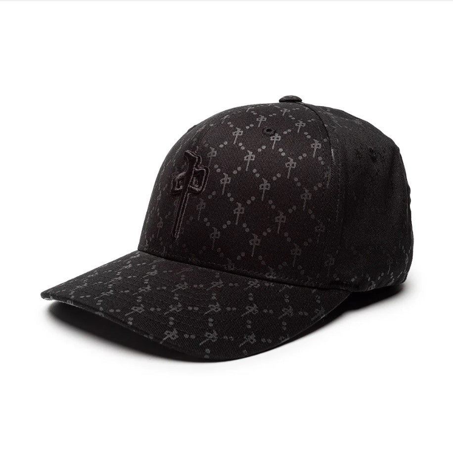 Black cap with subtle pattern on a white background