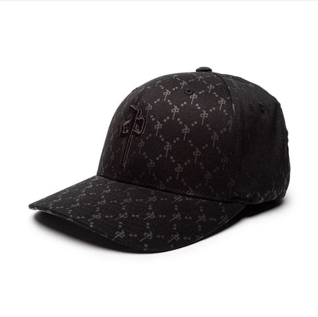 Black cap with subtle pattern on a white background