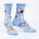 Light blue socks with cartoon cat designs on a white background