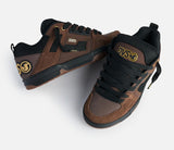 Brown and black sneakers with DVS logo on a white background.  Can be purchased at www.sneakersplus.ca