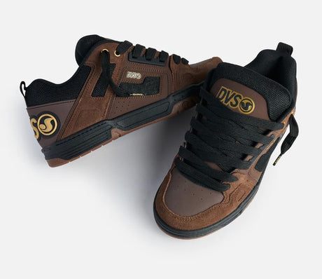 Brown and black sneakers with DVS logo on a white background.  Can be purchased at www.sneakersplus.ca